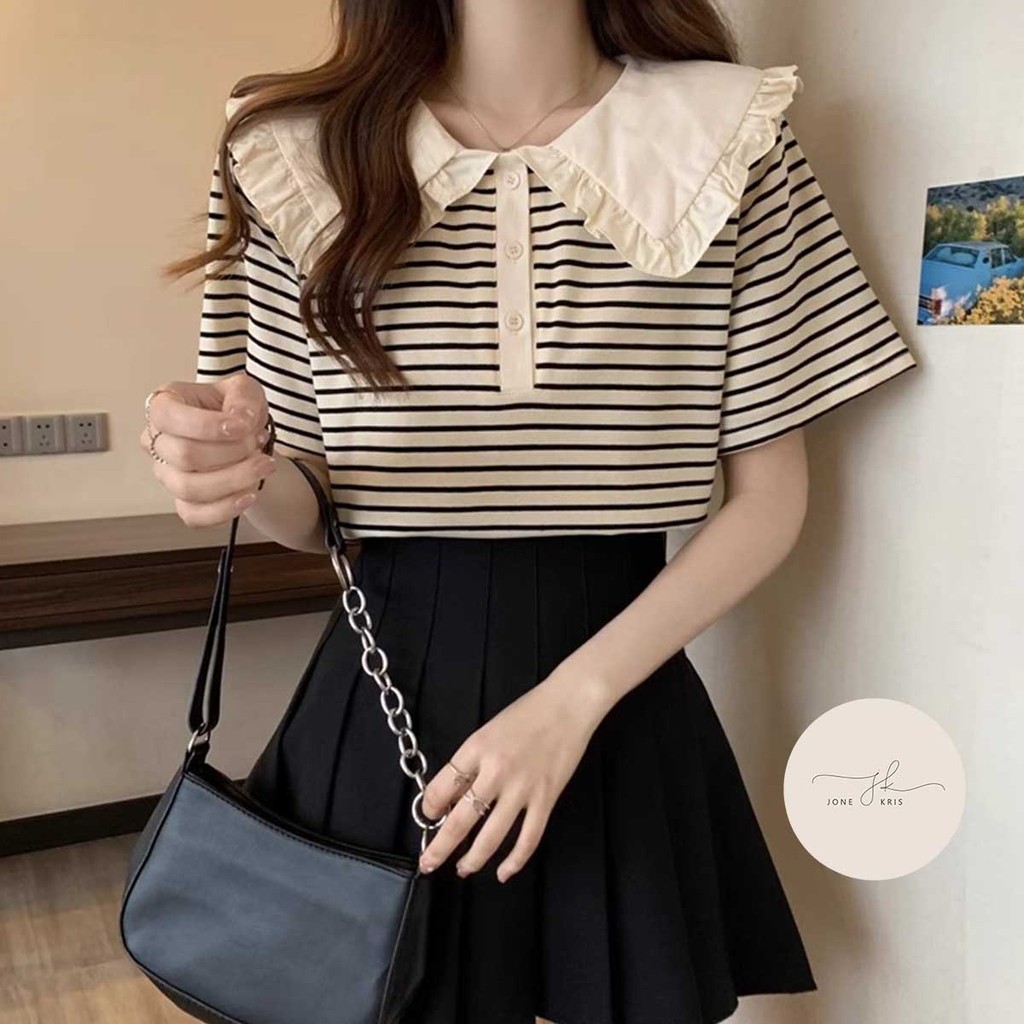 เสื้อยืดคอปีกแขนสั้นลายทาง สวมใส่สบาย ใส่แล้วดูดี