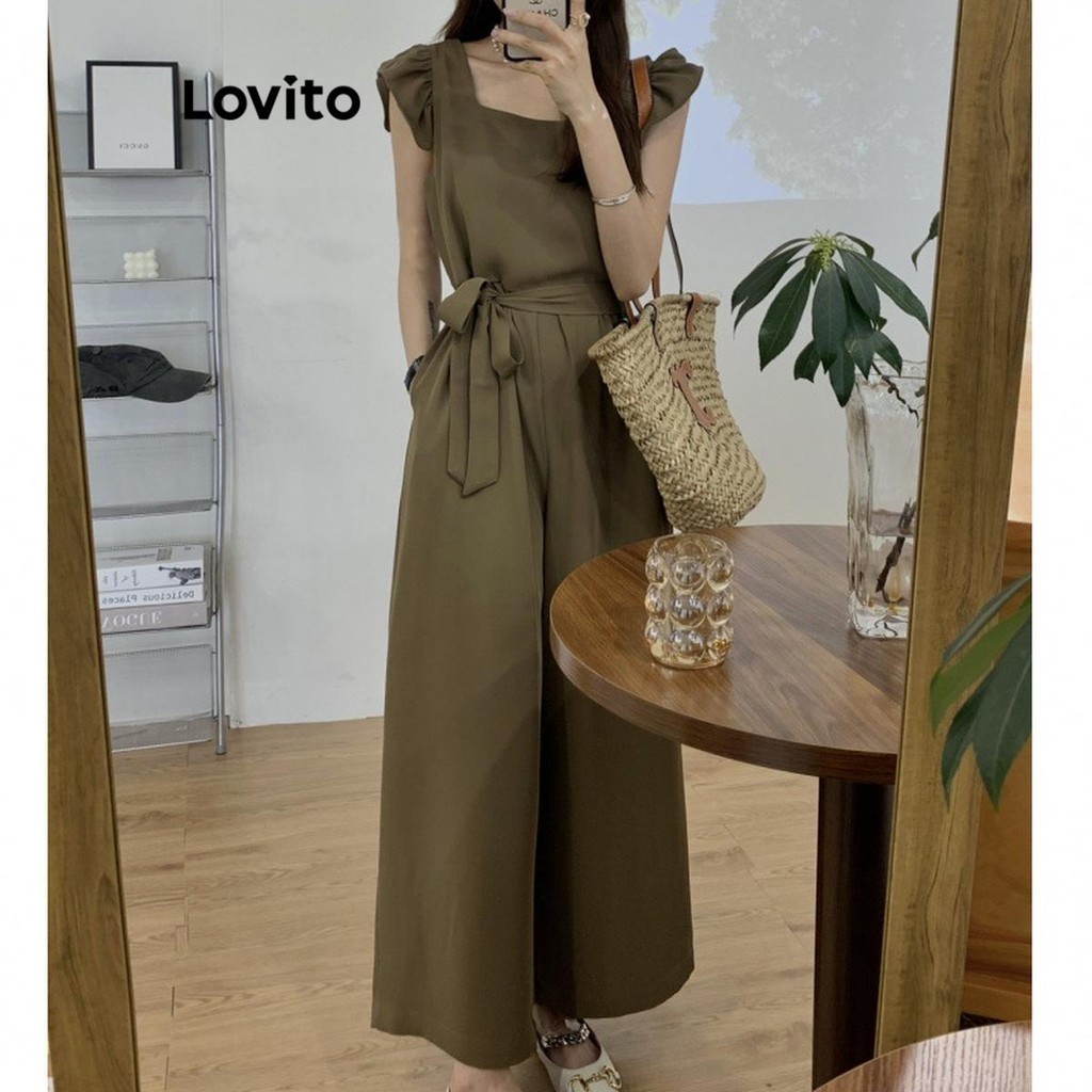 Lovito ชุดจั๊มสูทผู้หญิง ขอบหยัก สีพื้น สไตล์ลำลอง LNE55053