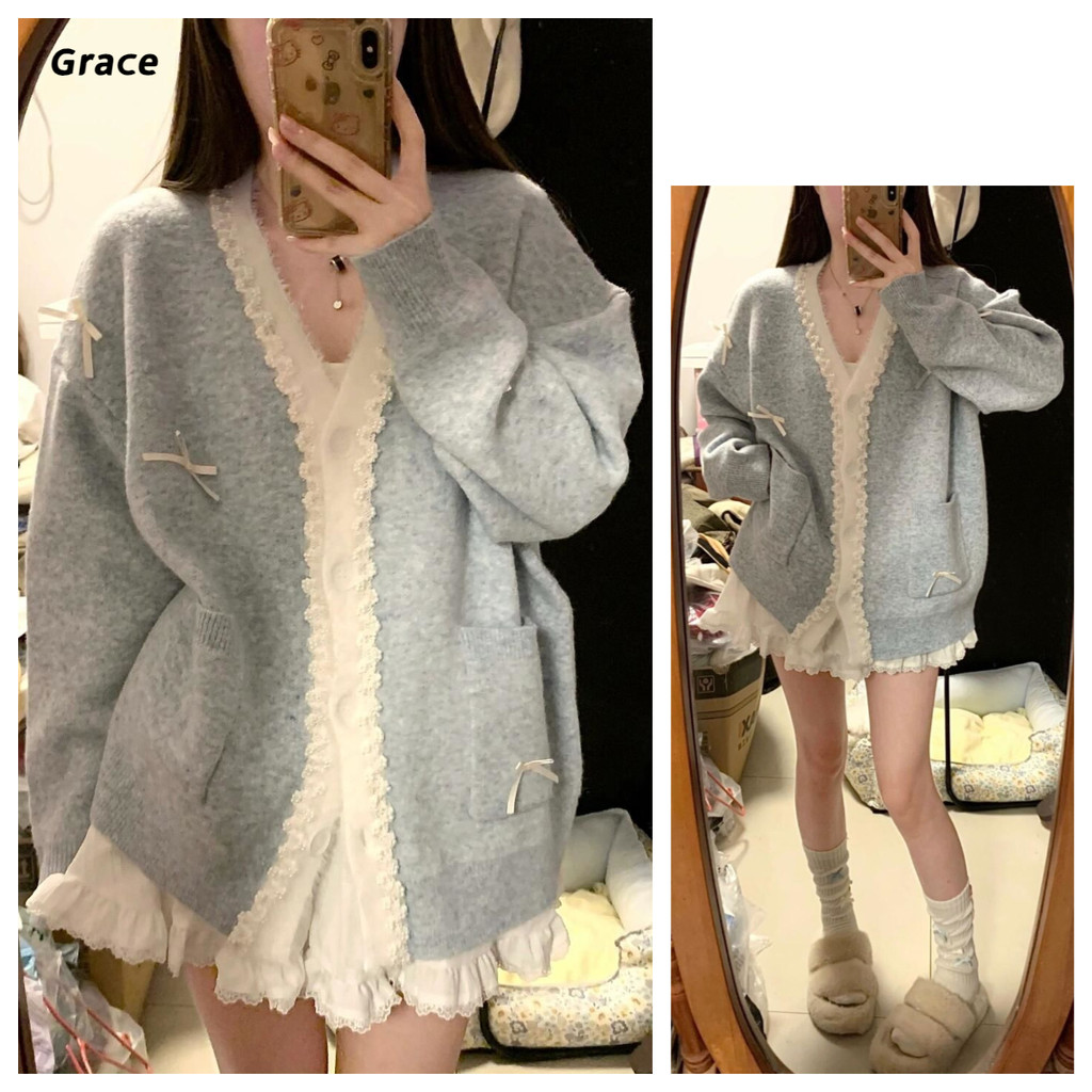 [Grace] ฤดูไบไม้ร่วงไหม่ผู้หญิงเกาหลีคอวีโบว์หลวมแขนยาวถักเสือสเวตเตอร์ถัก... GR133 #