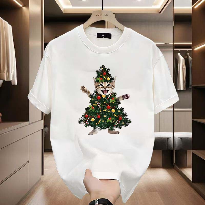 (จัดส่งตลอด 24 ชั่วโมง)Fanfei Clothing เสื้อยืดคอตตอน 100% จากประเทศไทยต้นคริสต์มาสแมวพิมพ์ลายสำหรับชายและหญิง