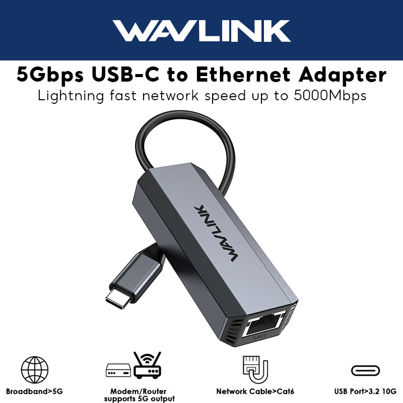 Wavlink 5Gbps USB C to Ethernet Adapter RJ45 Gigabit LAN Ethernet Driver-free Thunderbolt 5/4/3 รองรับ, สําหรับ MacBook Pro/Air, iPad Pro