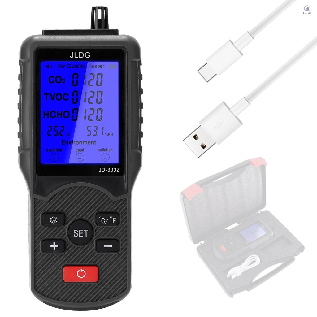 เครื่องทดสอบคุณภาพอากาศมัลติฟังก์ชั่น CO2 TVOC Meter อุปกรณ์วัดความชื้นอุณหภูมิพร้อมสาย USB