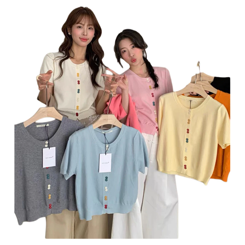 GAKKI เสื้อคาร์ดิแกนถักแขนสั้นคอกลมผู้หญิง เสื้อไหมน้ำแข็งถักไหล่ตรงสวยงามมากสำหรับผู้หญิง พร้อมส่ง รุ่น 3168#