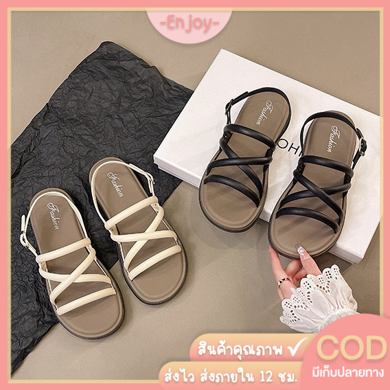 🍓EnJoy🍓พร้อมส่ง (LT-2993) รองเท้าแตะแฟชั่น แต่งสายคาดไขว้รัดส้น สไตล์เกาหลี พื้นแบน น้ำหนักเบา ใส่สบาย