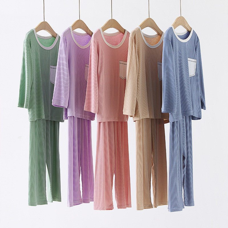 เด็กสาวชุดนอนฤดูใบไม้ผลิฤดูร้อนที่มีคุณภาพนุ่มกิริยาผ้ายาวกางเกงบาง2ชิ้นชุดนอนชุด