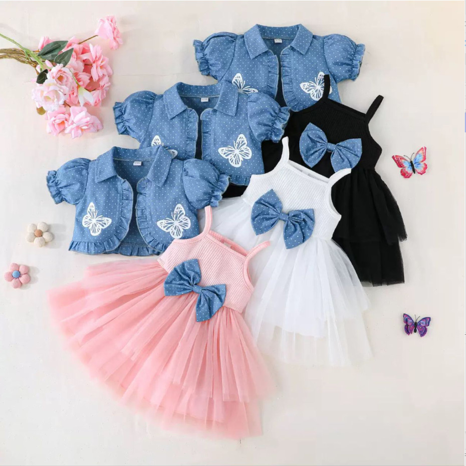 Nnjxd เด็กทารกเจ้าหญิง Suspenders Tulle ชุดโบว์แขนสั้น Polka Dot Coat 2 ชิ้นชุด 9m-3Y ชุดเด็กใหม่