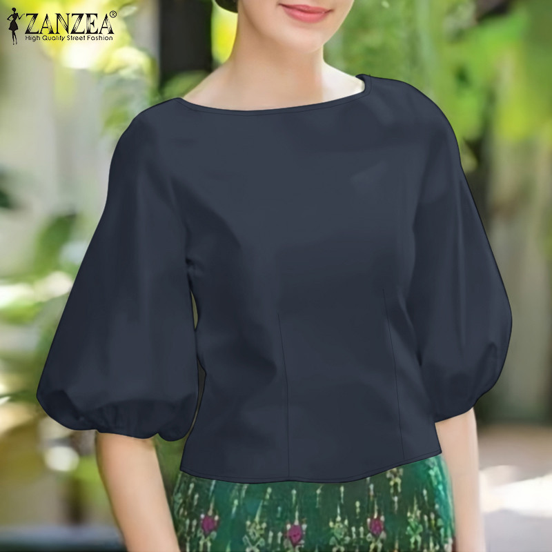 ZANZEA ใส่ ซานเซีย ผู้หญิงลําลองเรือคอกลับซิปพัฟ3/4แขนเสื้อ — صورة 4