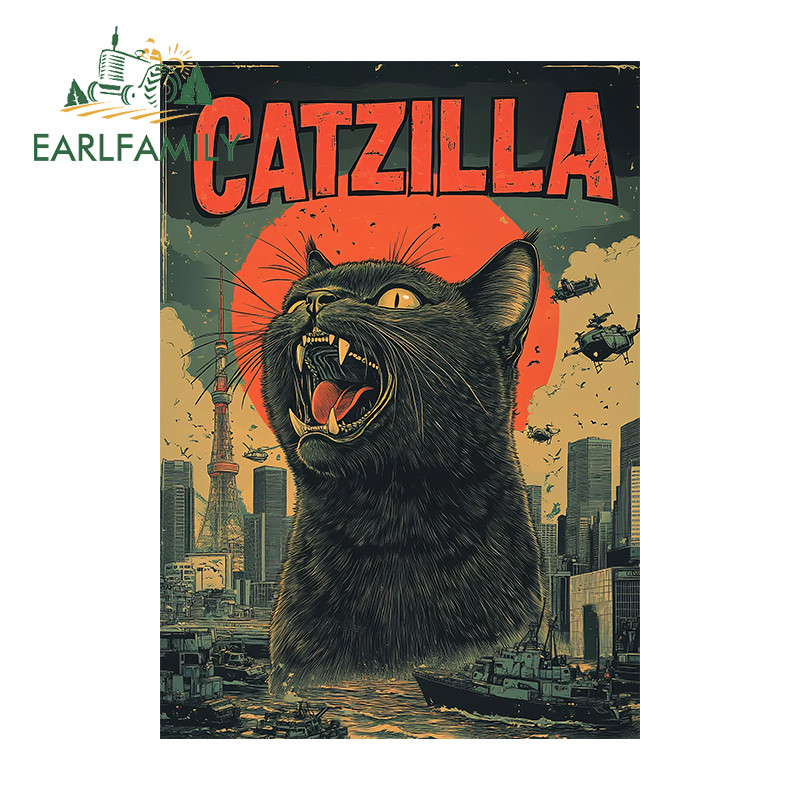 Earlfamily Catzilla โปสเตอร์ญี่ปุ่นรถสติกเกอร์รถจักรยานยนต์ Windows กระดานโต้คลื่นกระเป๋าเดินทาง PVC Decals แฟชั่น Scratch-Proof ป้ายรถกันน้ํา