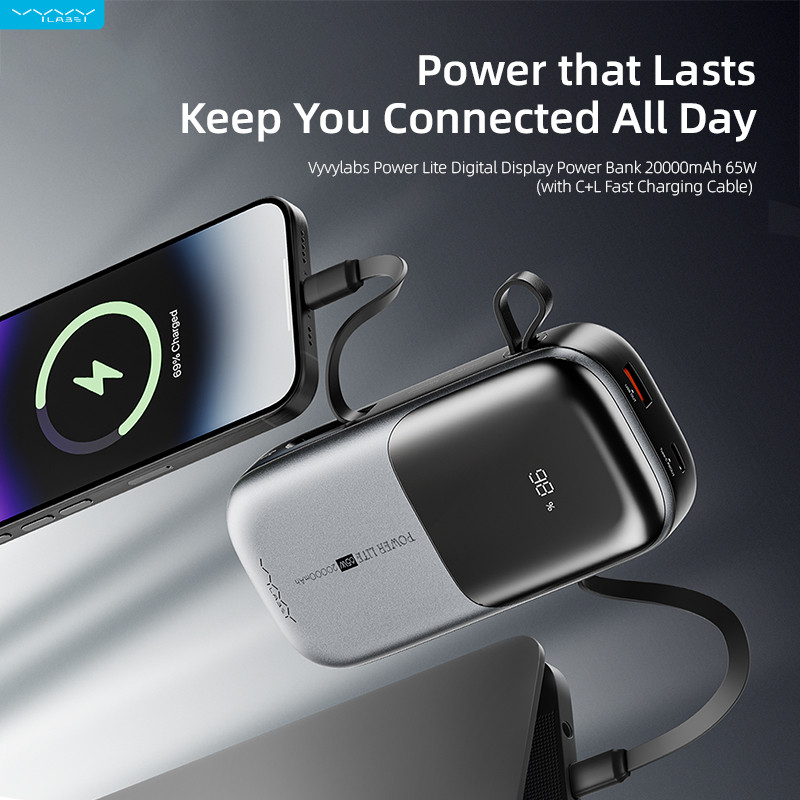 Vyvylabs 20000mAh 65W Power Bank PD QC Fast Charging ประเภท C สาย Powerbank สําหรับ iPhone 16 15 14 