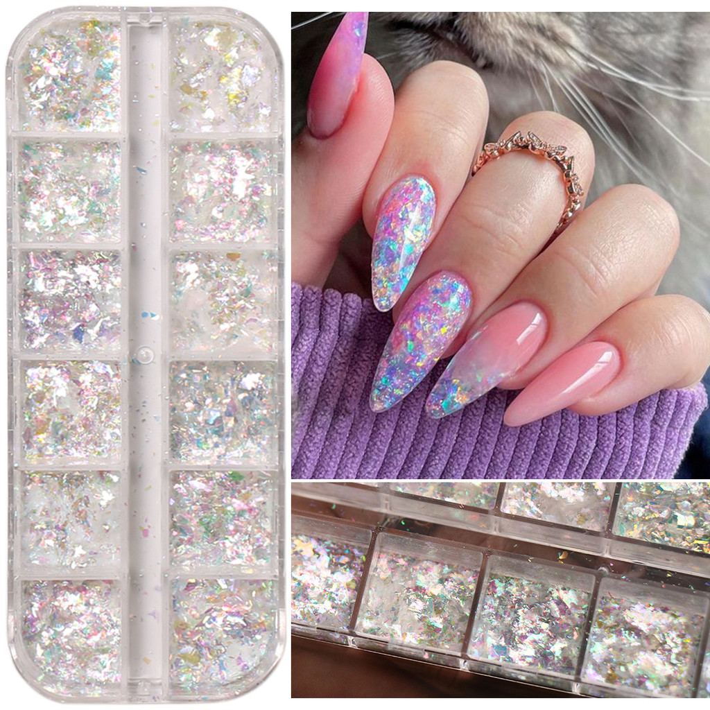 HAMA เล็บ Glitter เลื่อมขายส่ง 12 สี Aurora เลเซอร์ Glitter โอปอลผงโบรเคดผงตกแต่งเล็บเลื่อมงานแต่งงานเจ้าสาวเล็บ
