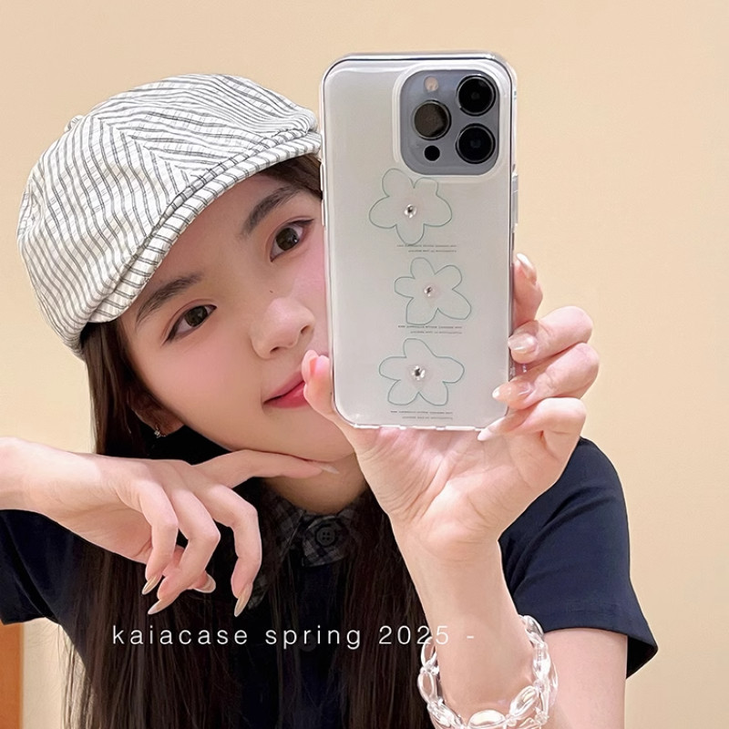 Huiwanju ดอกไม้สีเขียวสด rhinestone เหมาะสําหรับ iPhone16promax เคสโทรศัพท์มือถือ ip13 ใหม่ 15 ผู้หญ
