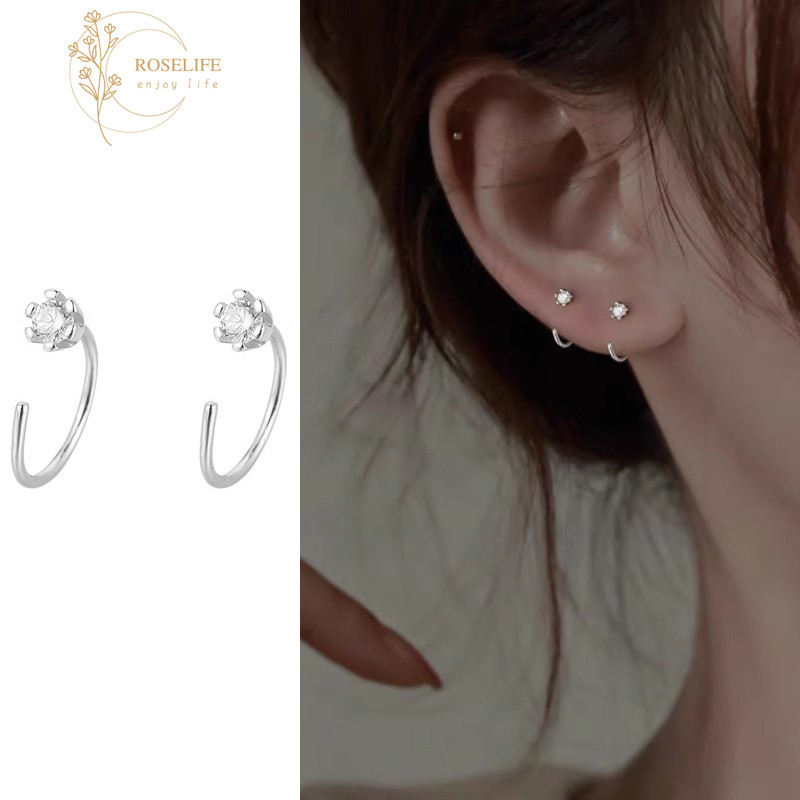 Roselife ที่ละเอียดอ่อน 2 ชิ้น S925 เงิน Mini คริสตัล Pierced คลิปต่างหูผู้หญิงแฟชั่นหู Cuff เครื่องประดับอุปกรณ์เสริม