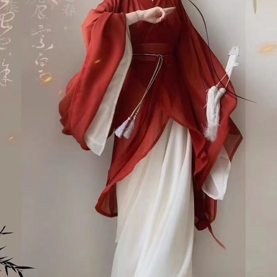 Hanfu [Nirvana] North South Dynasty Wei Jin สไตล์ Hanfu ผู้หญิงเสื้อแขนใหญ่ข้ามปกผ้ากันเปื้อนชุดสีแดง