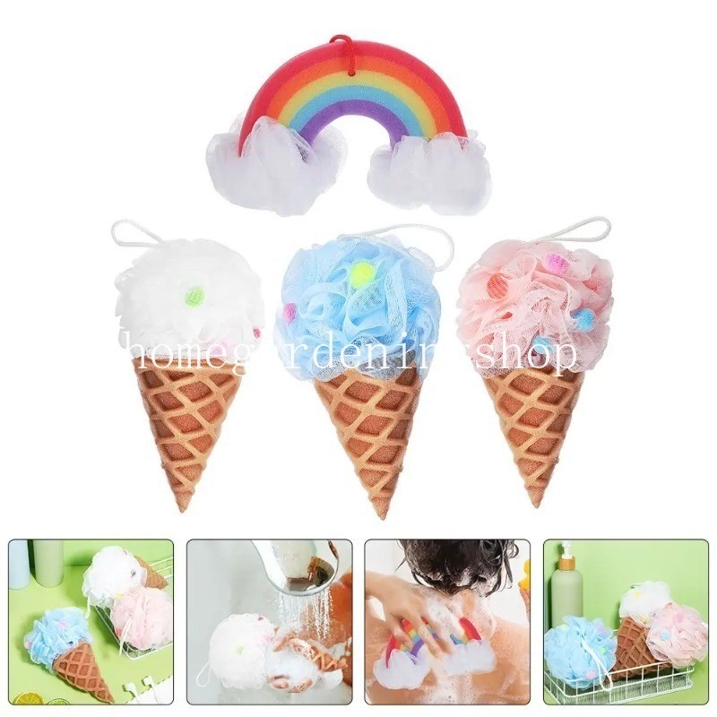 ไอศกรีม Body Scrubber ตาข่ายฟองฟองน้ําอาบน้ําพัฟ Loofahs Exfoliating อาบน้ําทําความสะอาดอุปกรณ์เสริม