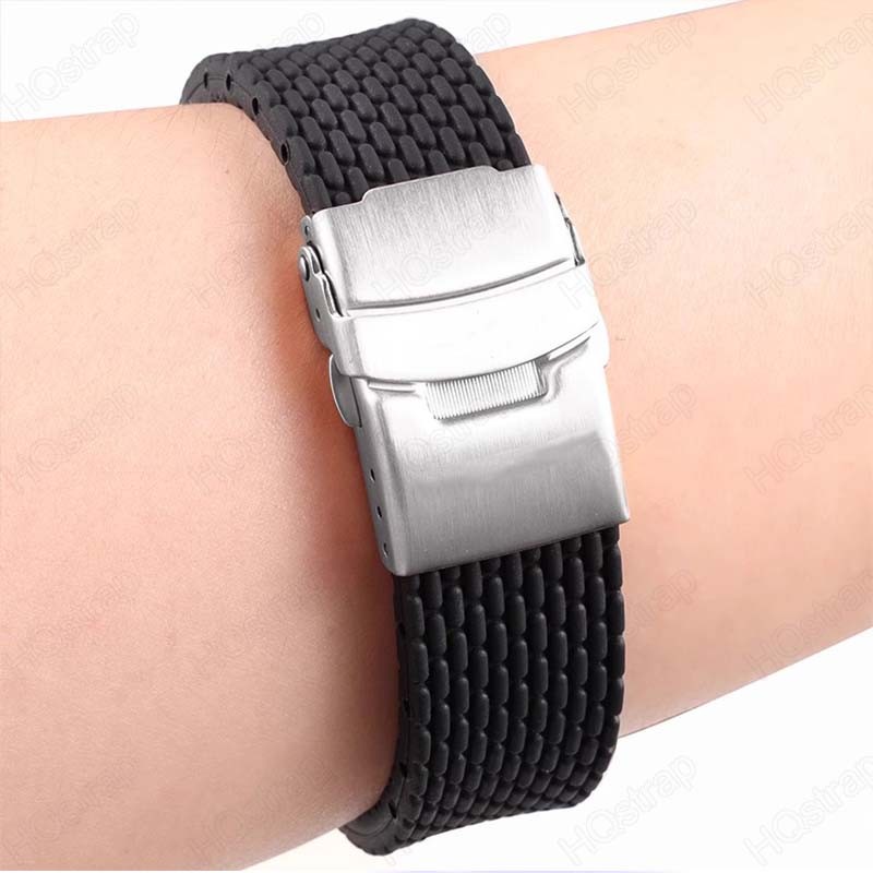 สายซิลิโคนกันน้ํา18มิลลิเมตร20มิลลิเมตร22มิลลิเมตร24มิลลิเมตรคู่กดพับหัวเข็มขัดสีดําทองด่วนที่วางจําหน่ายสายรัดข้อมือกีฬา - รูปที่ 2