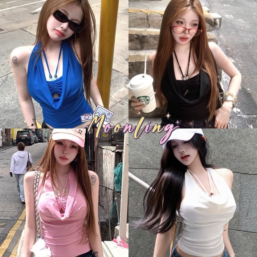 Moonling พร้อมส่งจากไทย เสื้อคล้องคอ เสริมฟองน้ำ ใส่สบาย สีสดใสยืดตามตัวผ้านุ่มคาวาอี้ เซ็กซี่ *FYL3326*