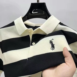 PROMAN เสื้อโปโลผู้ชายแขนสั้น ผ้าฝ้ายลายทาง คอปกระดับไฮเอนด์ สไตล์เกาหลี สไตล์ลำลอง เหมาะคุณพ่อวัยกลางและผู้ใหญ่ ยอดนิยม