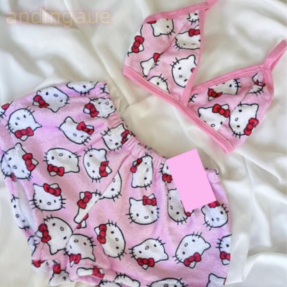 SANRIO แล้ว ชุดนอนสุภาพสตรีหลวม,ชุดใส่ในบ้านคิตตี้สองชิ้น,การ์ตูนสบาย ซานริโอ น่ารัก กางเกงนอนสําหรับผู้หญิง