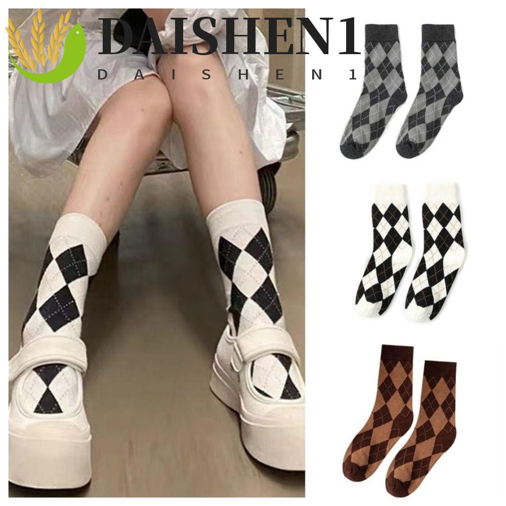 Daishen1 ถุงเท้าถัก ลายสก๊อต สไตล์ญี่ปุ่น ฮาราจูกุ สําหรับผู้หญิง