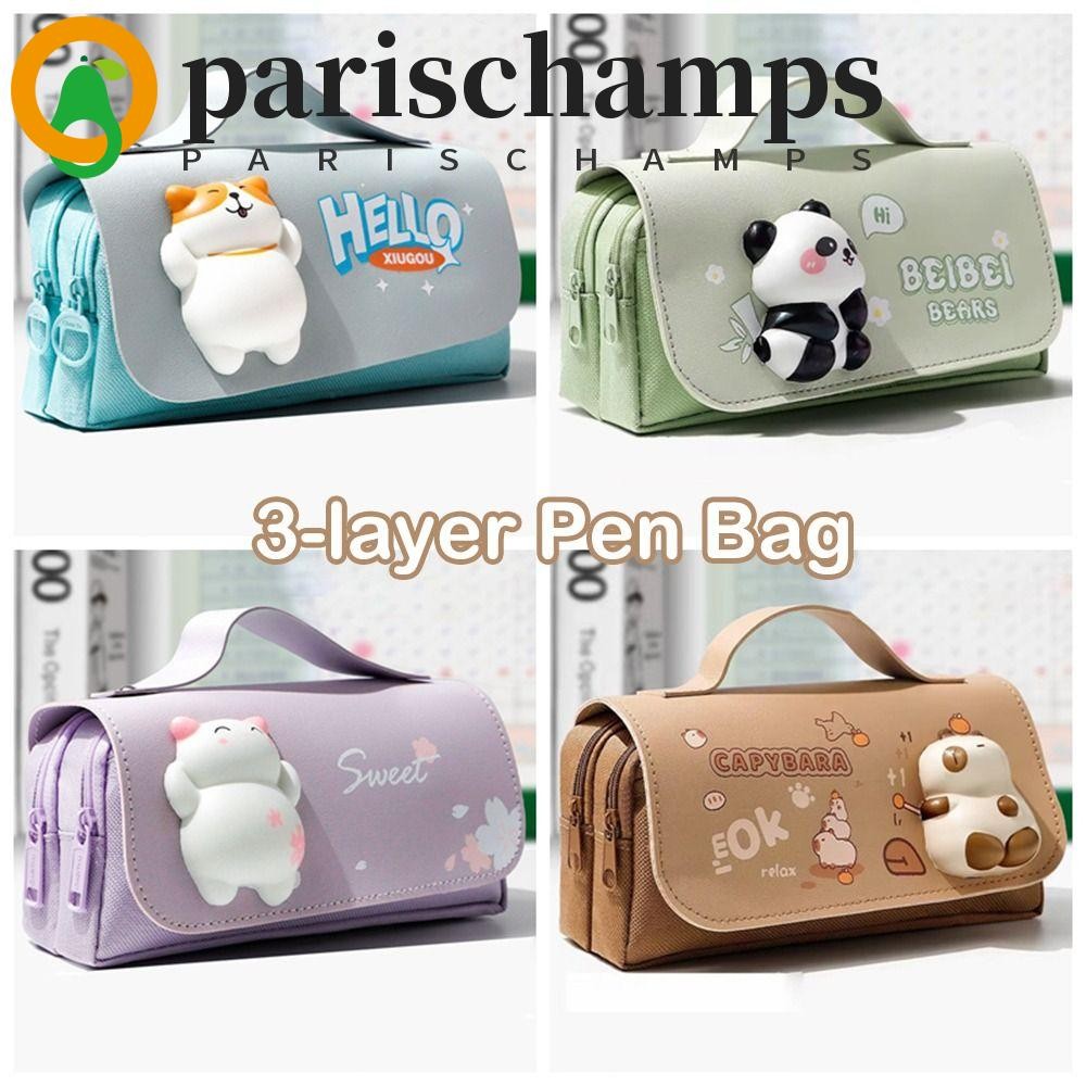 Parischamps สนุกกดปากกากระเป๋า, 3 ชั้นความจุขนาดใหญ่สัตว์กระเป๋าดินสอ, ความคิดสร้างสรรค์เกาหลี Capybara Panda กันน้ําเครื่องเขียนถุงเก็บเด็กของขวัญ