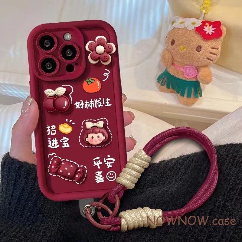 สําหรับ IPhone 16 15 14 13 12 11 Pro Max X XR Max 7 8 Plus น่ารักไวน์แดงเคสโทรศัพท์ DIY พร้อมเชือกแขวนเคสโทรศัพท์ Space shell ปกอ่อน