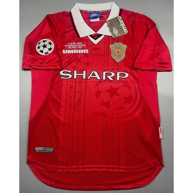 รูปแบบใหม่99-00 Manchester United UCL SHERINGHAM SOLSKJAER BECKHAM Home Retro Football Jersey เสื้อยืดที่กําหนดเอง