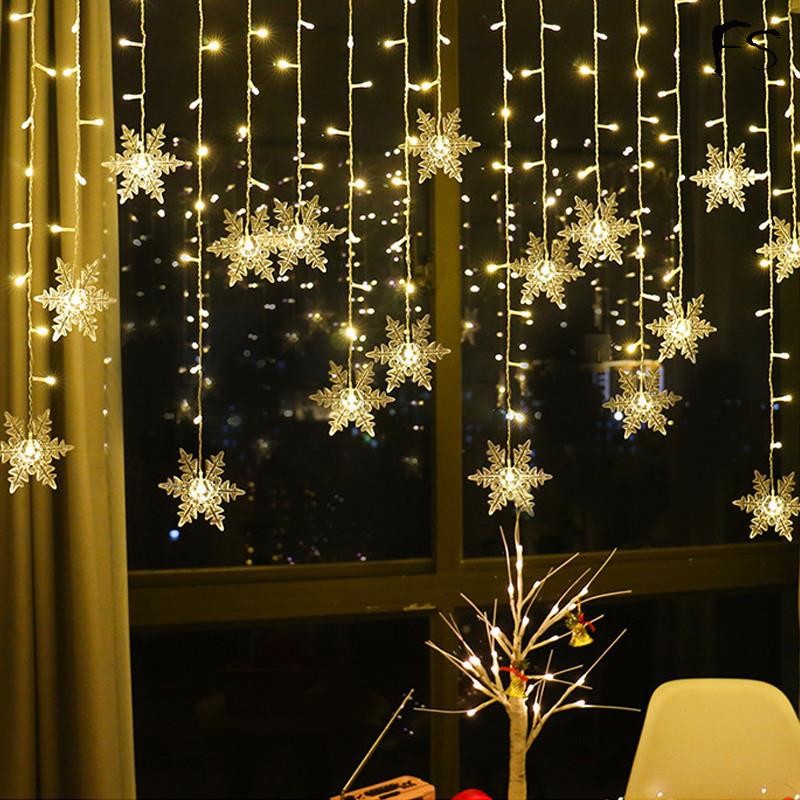 ตกแต่งคริสต์มาส 2024 Snowflake Window Curtain Garlands Led Icicle Fairy ไฟกระพริบ 8 โหมด EU-Plug ปีใหม่ 2024