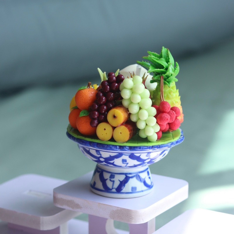 🍇 พานผลไม้ 9 อย่างมงคลดินปั้น (มีอ้อย) 🍇 ขนาดพาน 2 นิ้ว