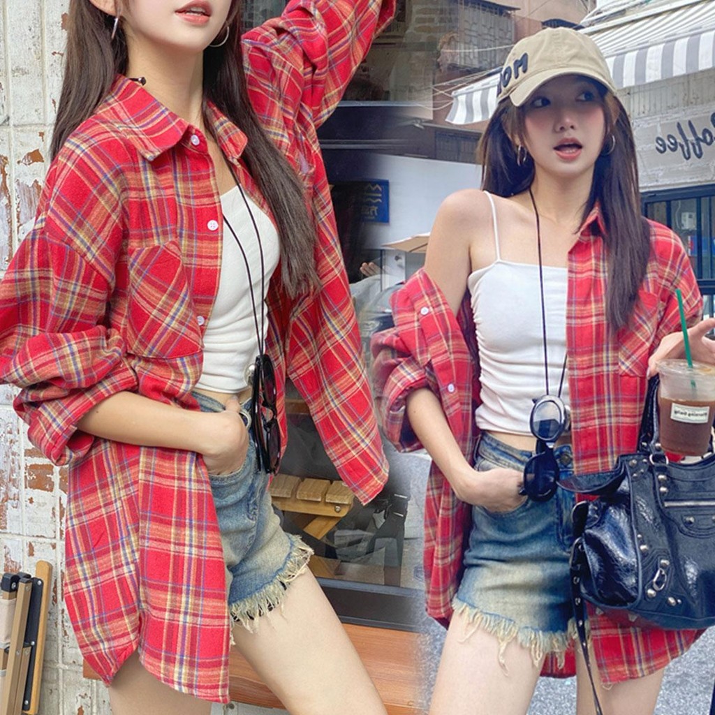 mimi&didi#เสื้อเชิ้ตลายสก๊อตแขนยาวลำลองสไตล์เรโทรอเมริกันแดง Polo เสื้อผ้าแฟชั่นสตรี หุ่นอวบก็ใส่ได้เช่นกัน#W514