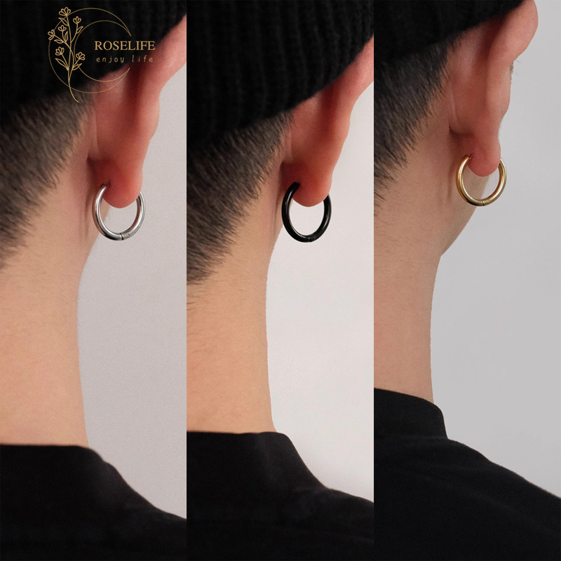 Roselife 1PC 2 มม.Punk สแตนเลสสตีลสีดําวงกลม Pierced ต่างหูสําหรับผู้ชายผู้หญิงทุกวันสวมใส่ Hypoallergenic รอบหูเครื่องประดับ