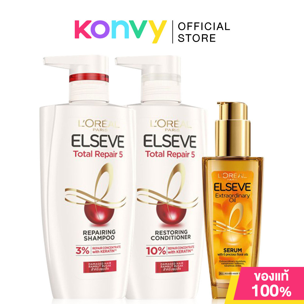 LOreal Paris Set 3 Items Elseve Total Repair 5 Repairing Shampoo 410ml + Conditioner 410ml + Oil Dry Hair 100ml เซท3...