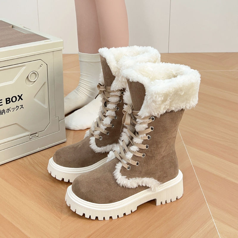 กระแส Mi Mid-Tube Boots Long Boots Retro Anti-Slip Round Toe