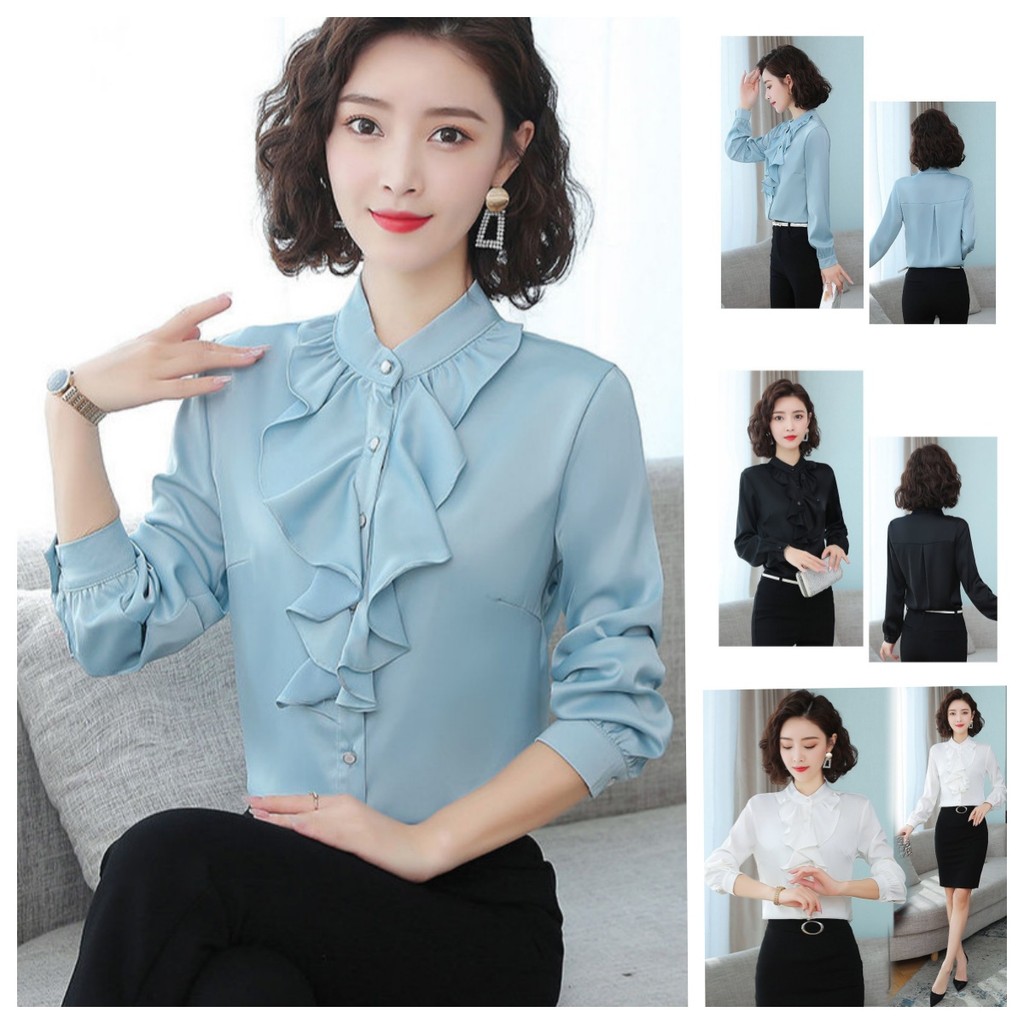 เสื้อผู้หญิงใหม่ฤดูใบไม้ผลิและฤดูใบไม้ร่วงแฟชั่นยืนขึ้นปกแขนยาวเสื้อชีฟองบางมืออาชีพน่าระทึกใจ จุดต่ําสุด เสื้อ