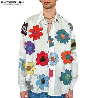 ไม่แน่นอน ผู้ชายวินเทจลําลองพิมพ์ลายดอกไม้สีสันสดใสเสื้อแขนย…