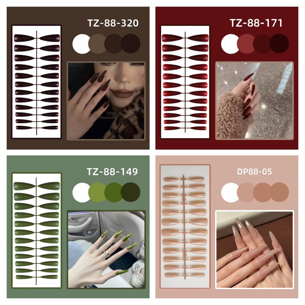 เล็บปลอม24ชิ้น/แถบ [รวมกาววุ้น] ชี้ยาวสีทึบแพทช์เล็บเคลือบเงานํามาใช้ใหม่