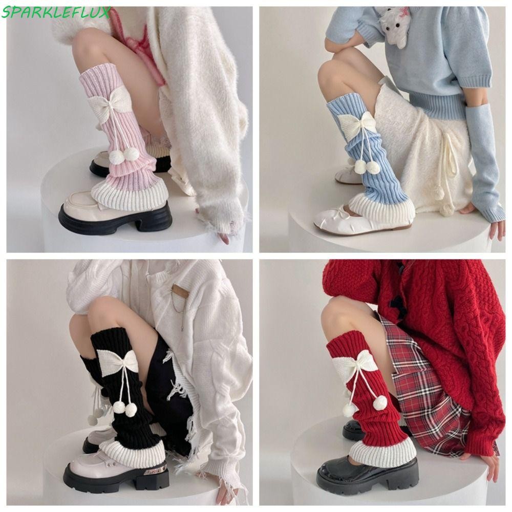 Sparkleflux JK Lolita ถุงเท้าขา,บัลเล่ต์ Y2k โบว์ถักถุงเท้าขา,หวานยาว Harajuku ญี่ปุ่นคริสต์มาสเข่าถุงเท้าผู้หญิง