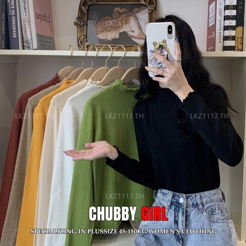 Plus size เสื้อผ้าสาวอวบ เสื้อยืดสาวอวบอ้วน ไซส์ใหญ่ ผู้หญิง ทรงหลวม แขนยาว คอเต่า สีดำ ฤดูใบไม้ผลิ สไตล์เกาหลีแฟชั่น
