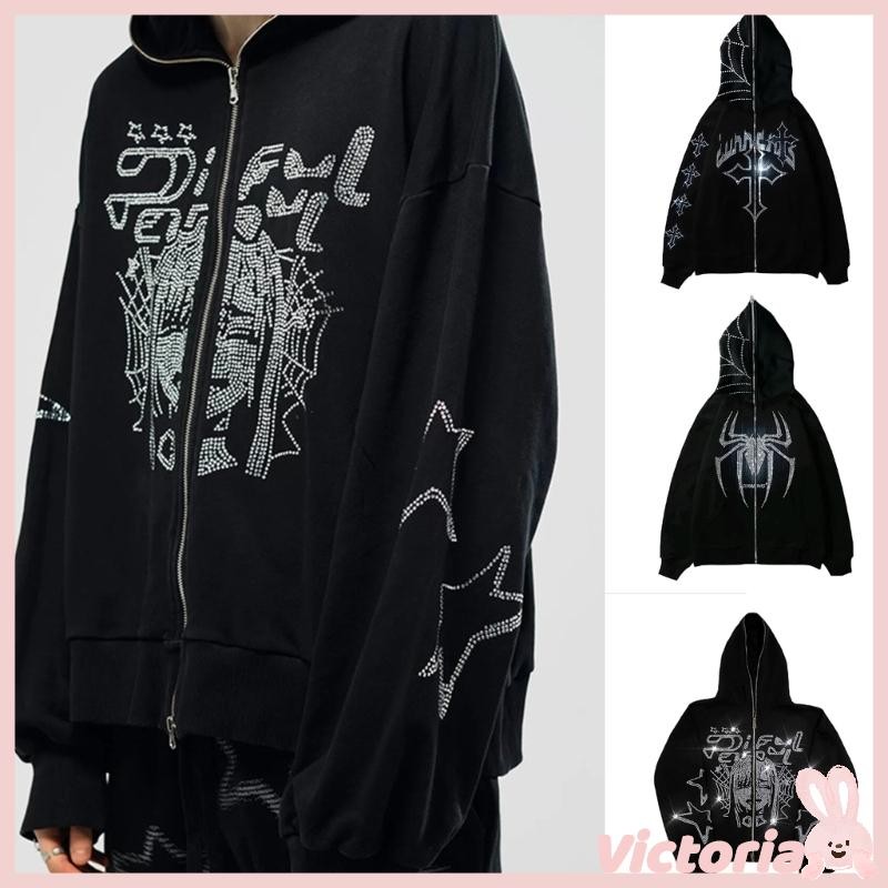 Vic Y2k Full Zip Up Hoodie ผู้หญิงผู้ชาย Rhinestone เสื้อกันหนาว Gothic เสื้อแจ็คเก็ตขนาดใหญ่