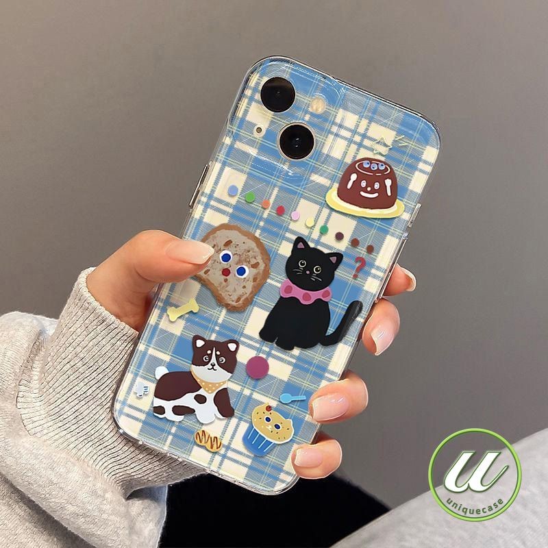 การ์ตูนตารางสีน้ำเงินขนาดเล็กแมวสีดำลูกสุนัข เคส IPhone 15 14 11 12 13 Pro Max 7 15 14 8 Plus 7Plus XS Max XR X SE 2020