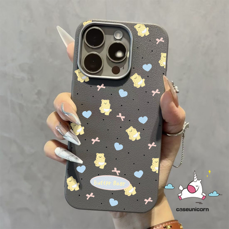 การ์ตูนเนยหมีน่ารักlove Heart Bow Vintage MaillardสําหรับIPhone 15 14 11 12 16 13 Pro Max X XR 15 16 14 Plus XS Maxโลหะหรูหรากรอบเลนส์หนังกรณี
