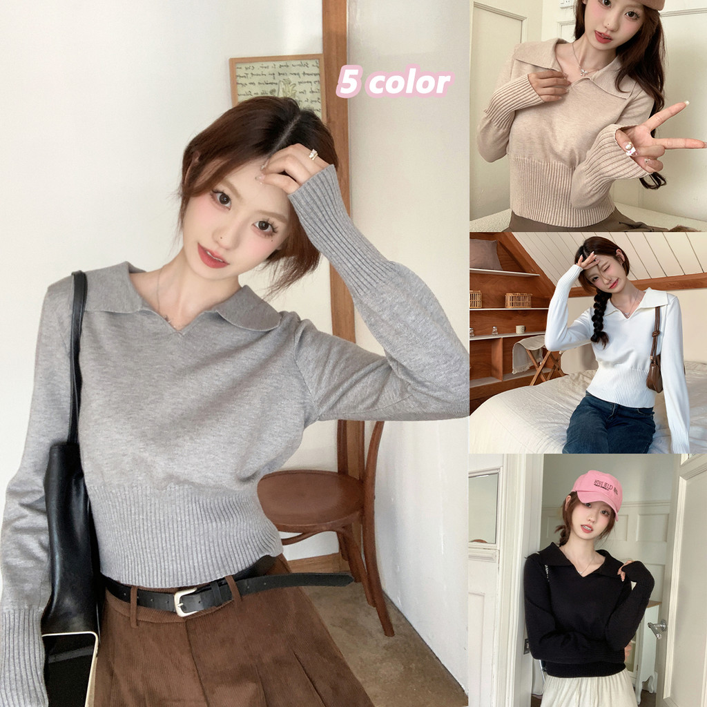 Grace  เสื้อสเวตเตอร์แขนยาวโปโลคอปกเสื้อสเวตเตอร์ผู้หญิงฤดูใบไม้ร่วงสั้นทรงเข้ารูปสั้นเสื้อคอวีด้านบน #F092