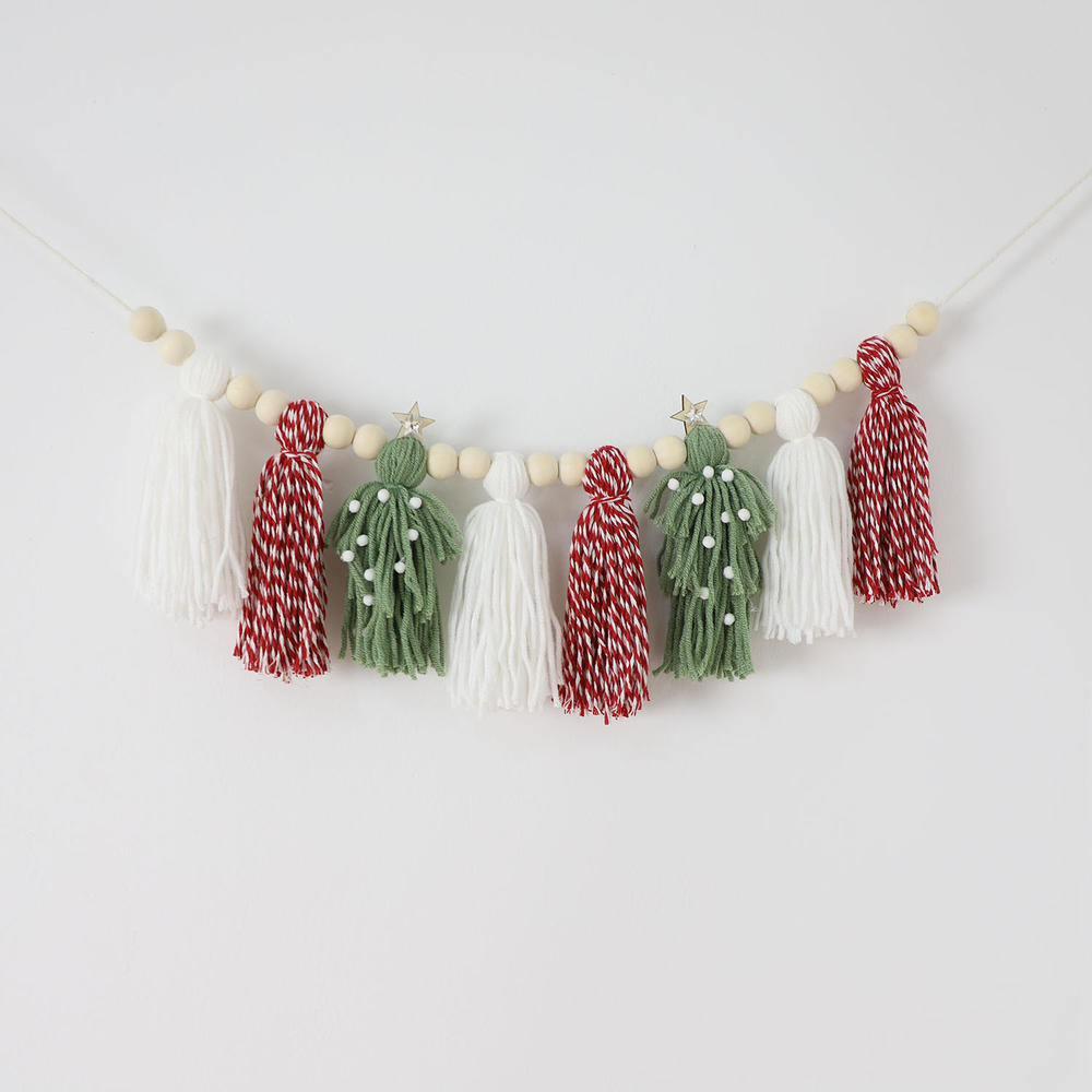 Boho คริสต์มาส Garland ตกแต่ง, Boho พู่ Garland ลูกปัดไม้ผ้าฝ้ายพู่แบนเนอร์แขวนผนังตกแต่งสําหรับต้นคริสต์มาส Mantel วันหยุดตกแต่งบ้าน
