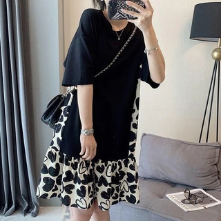 【Oversize Dress】(40-150 กก.) แขนสั้น พลัสไซส์ มินิเดรส ทรงเอ ลายดอกไม้ ประกบ หลวม เดรสแฟชั่นเกาหลี Plus Size Dress