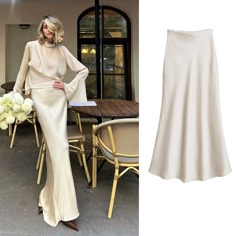 Zara Silk Satin Texture Super Long Super Fairy Temperament กระโปรงเอวสูงพัดลมขลุ่ย