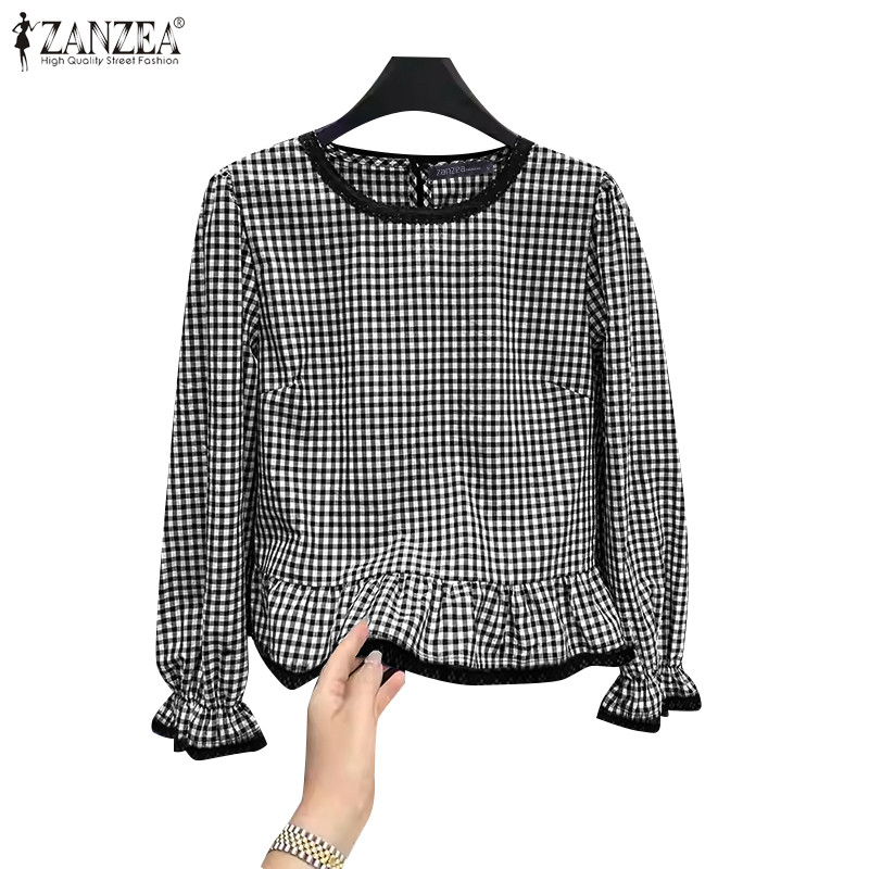 Zanzea ผู้หญิงคอลูกเรือแขนยาว Ruffle Hem ลายสก๊อต Patchwork ปุ่มเสื้อ