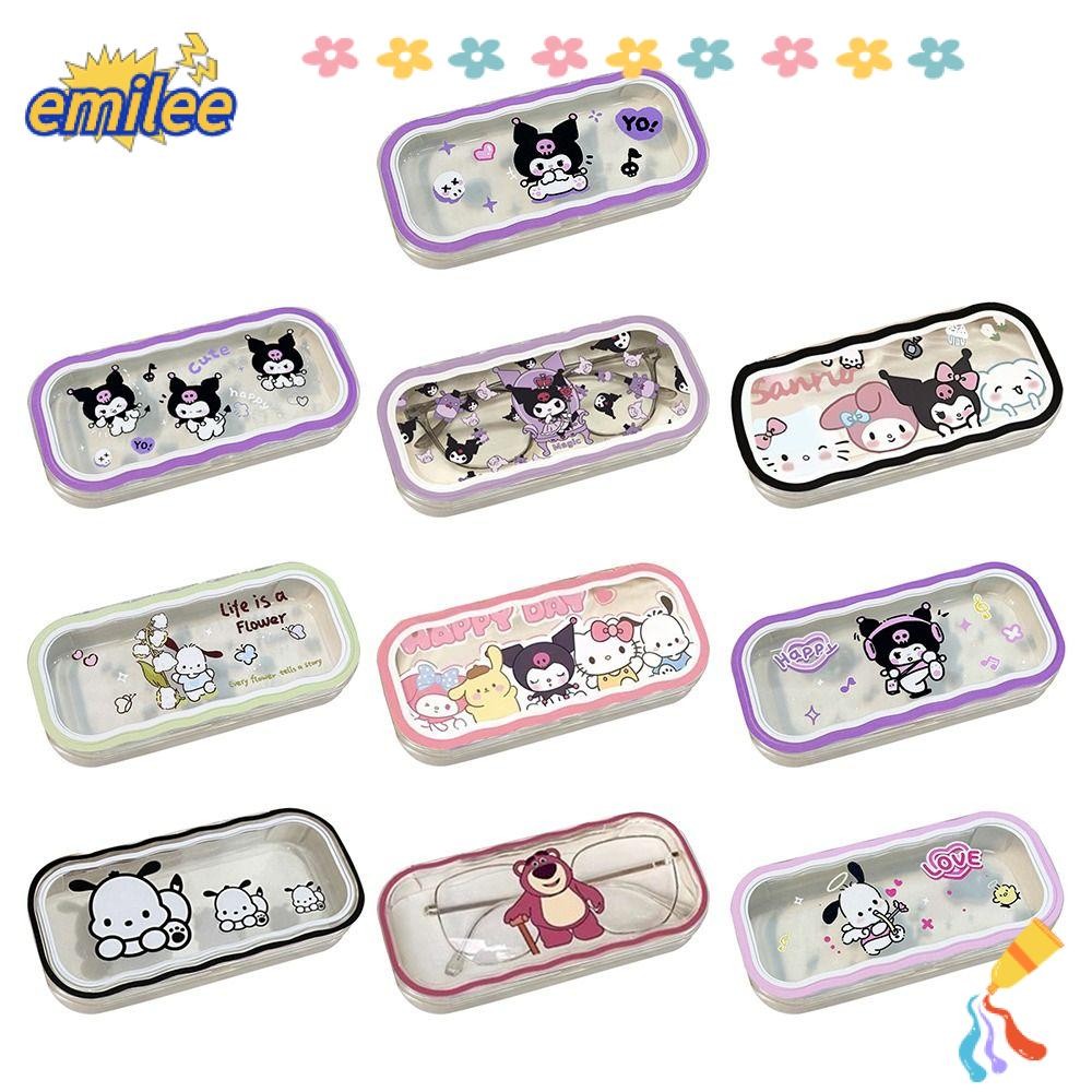 กล่องแว่นตา EMILEE, การ์ตูน Sanrio Kuromi Pochacco โปร่งใส Wave แว่นตาอ่านหนังสือ, แบบพกพาผู้ถือแว่นตาฝาครอบป้องกันสายตาสั้นแว่นตานักเรียน