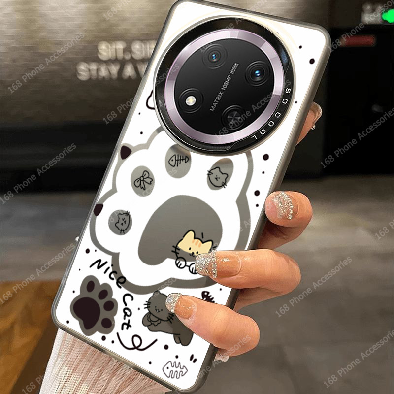 เคส Honor X9C 5G เคส Honor X9C Smart เคสโทรศัพท์กันกระแทกน่ารักสายแมวอุ้งเท้าเคลือบแข็งฝาครอบโทรศัพท์ IMD หรูหราปุ่มชุบสําหรับสาวนักเรียนผู้หญิง