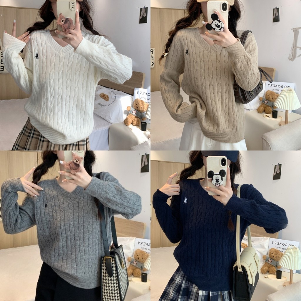 Anne เสื้อไหมพรม คอวี ผ้าร่องเปีย ทรงหลวมเสื้อแขนยาว สไตล์ลำลอง น่ารักมากๆ ใส่ง่ายสบาย #Z-W59