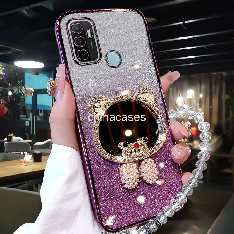 OPPO A53 2020 A53S A32 2020 A33 2020 หมีโปร่งใส Tie Electroplating ซิลิโคนนุ่มประเภทสร้อยข้อมือคริสตัลโปร่งใสกันกระแทกเคสโทรศัพท์ RFVTGBYHG