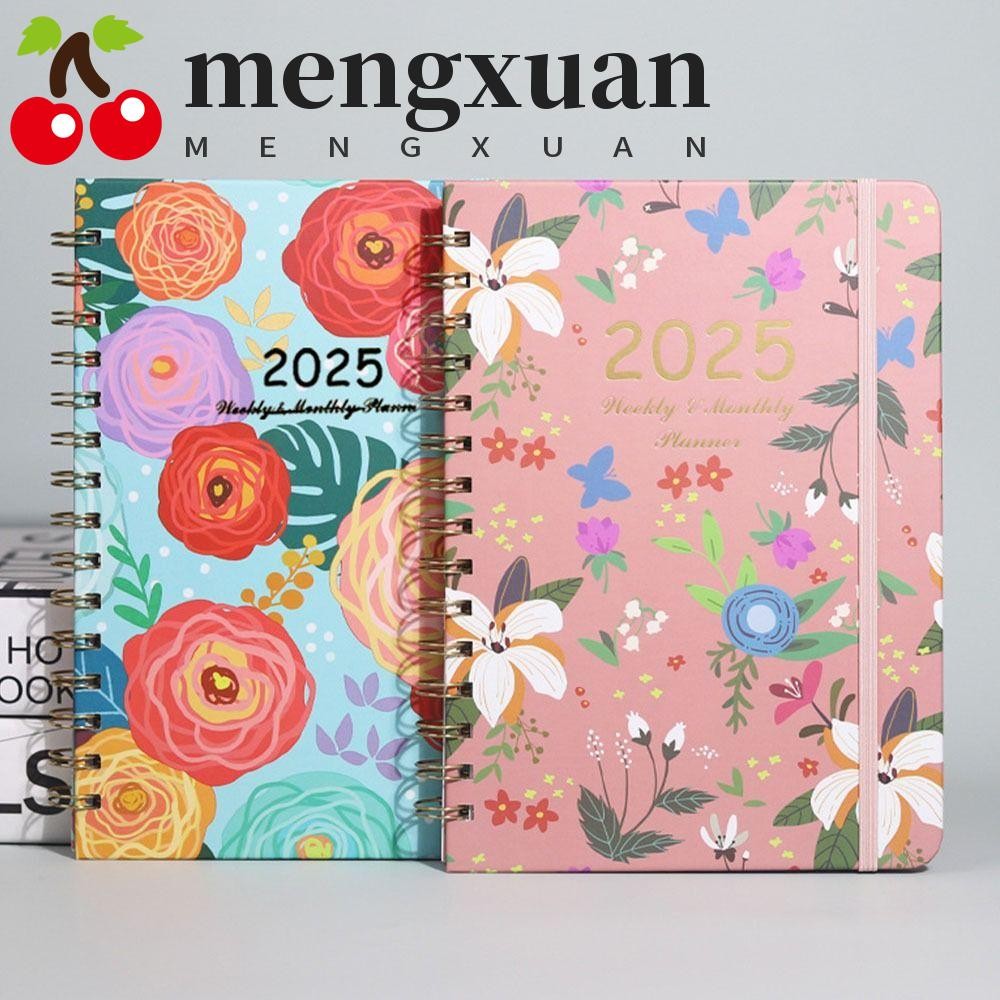 Mengxuan A5 กําหนดการปฏิทิน Notepad, Planner Organizer ใช้งานได้จริง 2025 Agenda Planner Notebook, Diary Weekly Planner 365 Days Loose-leaf Coil Flowers Diary Notebook Agenda